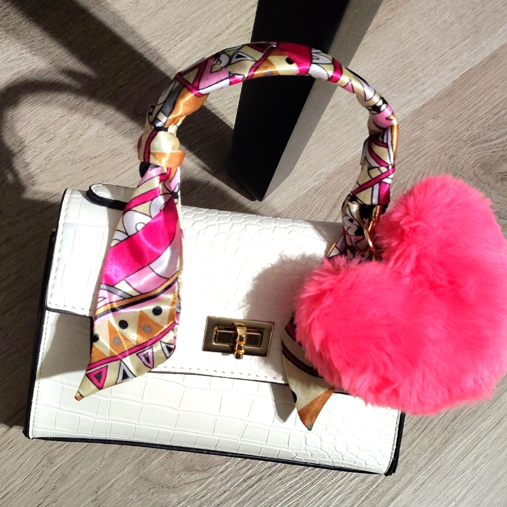 🆕3PC Mini White Crossbody Purse w Twill Bag Scarf/Keychain NWT - Picture 4 of 8